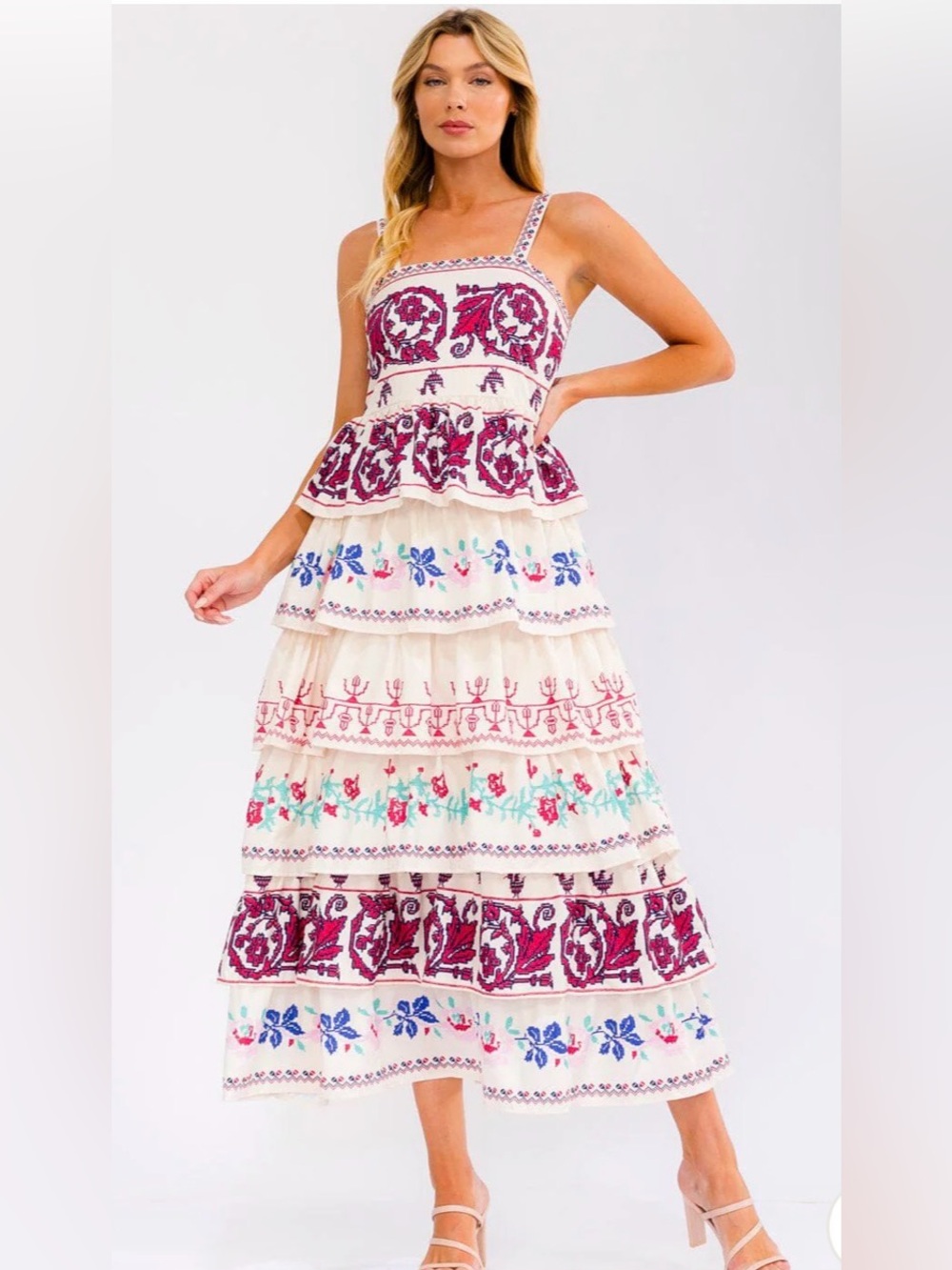 1007. NWT Boho Embroidered Tiered Maxi Dress in Cream and Plum